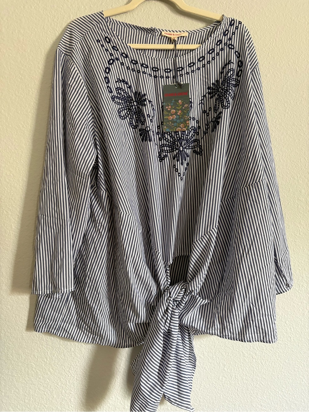 NWT grand & greene Navy and White Striped Tie-Front Embroidered Tunic